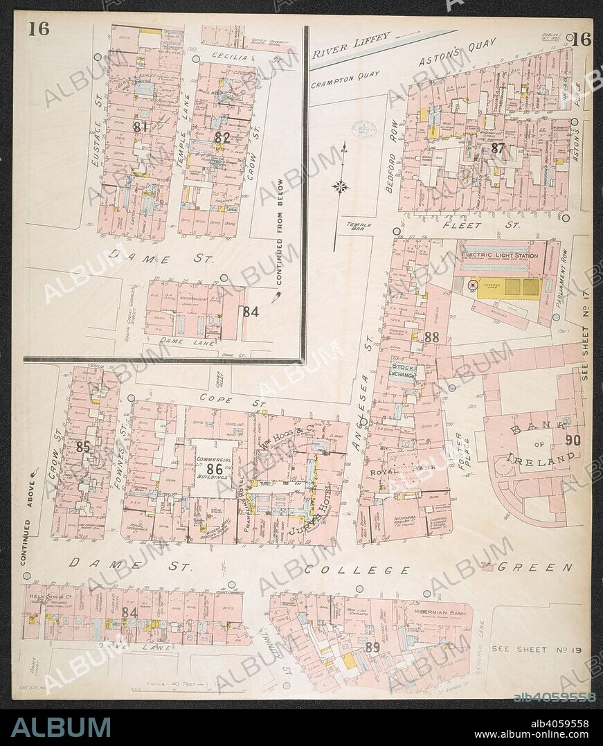 Section of an insurance Plan of the City of Dublin, showing Crampton quay; Aston's quay; Fleet street; Dame street; College green. Insurance Plan of the City of Dublin ... [By] C.E. Goad ... Scale, 40 ft. = 1 inch ... Key-Plan, 600 ft. = 1 inch. Vol. 1. London : C.E. Goad, 1893. fol.; Scale, 40 ft. = 1 inch ... Key-Plan, 600 ft. = 1 inch. Source: Maps.145.b.4.(2) sheet 16.