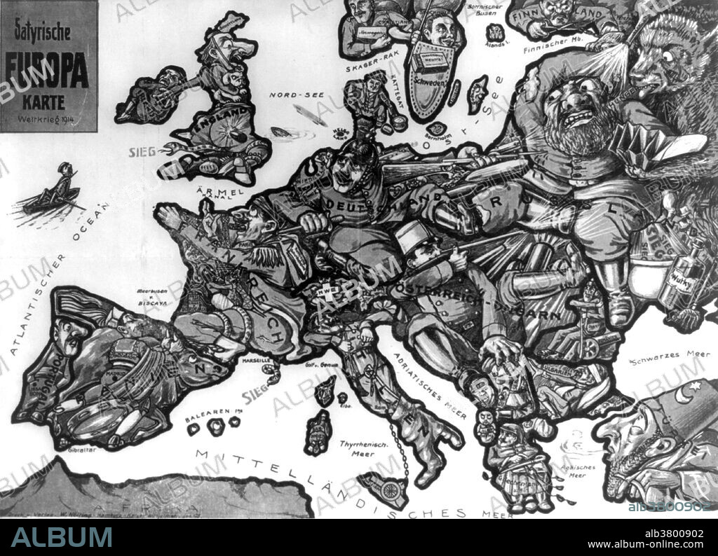 Entitled: Satyrische Europa Karte Weltkrieg 1914. Sketch depicting a map of Europe at the outbreak of the first World War with each country depicted as a human figure representative of the particular state of affairs or attitudes of the country, for instance, Germany is depicted as a soldier fighting with both Russia and France, while eyeing England.