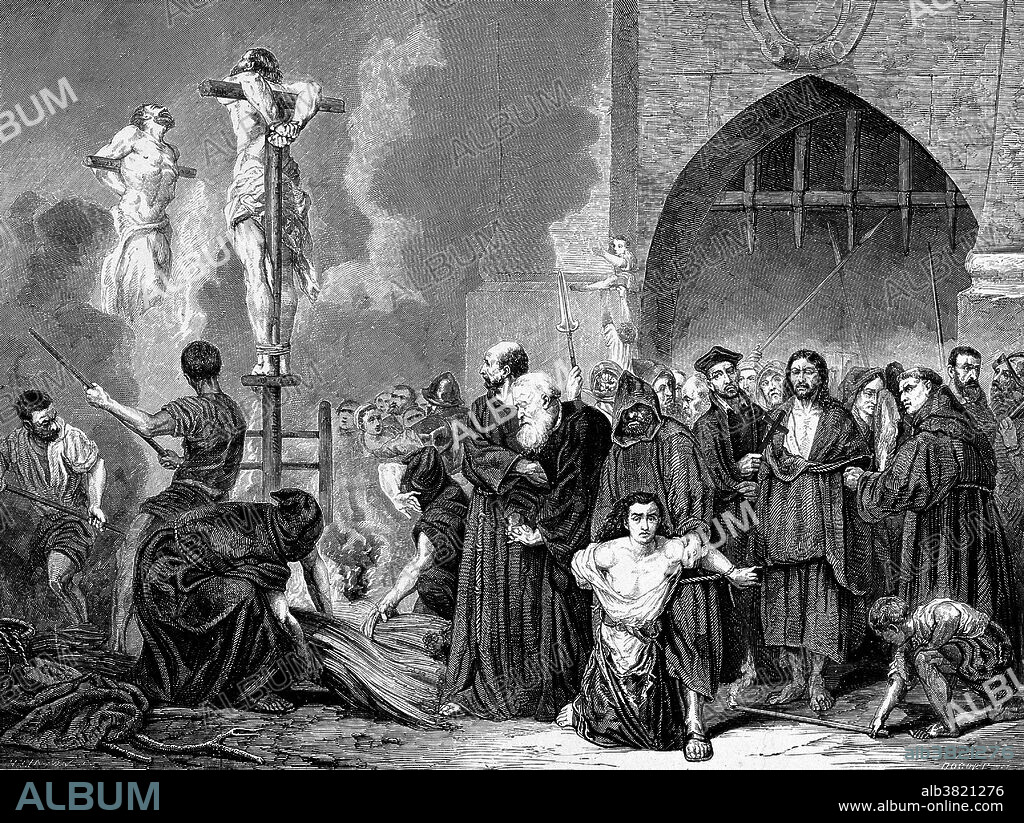 Execution of sentences by burning heretics on the stake in a market place. The Spanish Inquisition was established in 1480 by Catholic Monarchs Ferdinand II of Aragon and Isabella I. It was intended to maintain Catholic orthodoxy in their kingdoms and to replace the Medieval Inquisition, which was under Papal control. The Inquisition was originally intended primarily to ensure the orthodoxy of those who converted from Judaism and Islam. The regulation of the faith of the newly converted was intensified after the royal decrees issued in 1492 and 1502 ordering Jews and Muslims to convert or leave Spain. The Spanish Inquisition is often cited in popular literature and history as an example of Catholic intolerance and repression, and was not abolished until 1834, during the reign of Isabella II. Although records are incomplete, about 150,000 persons were charged with crimes by the Inquisition and about 3,000 were executed.