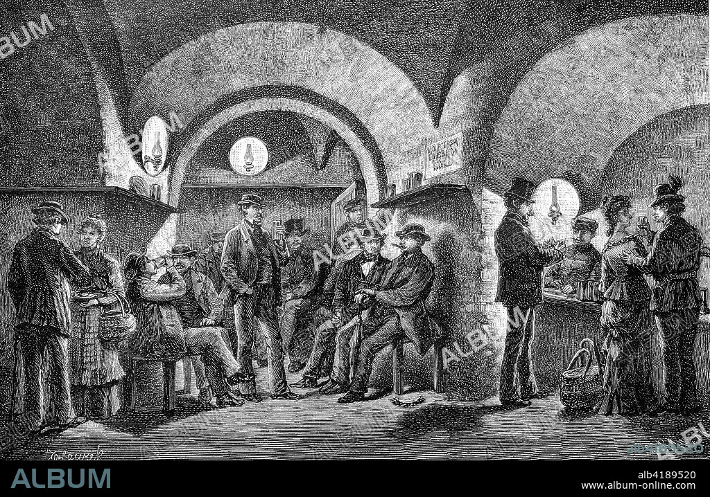 Der Esterhazy-Keller in Wien, ?sterreich. Palais Esterhazy is a baroque palace in Vienna, Austria, owned by the noble Esterhazy family. It houses a famous and popular restaurant in the former wine cellars, called Esterhazykeller, digital improved reproduction of a woodcut from the year 1885.