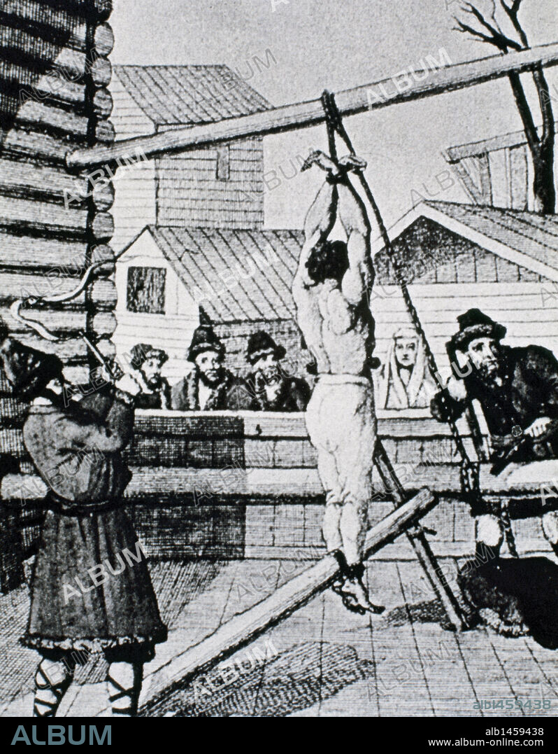 HISTORIA DE LA RUSIA ZARISTA. SERVIDUMBRE. "EL CASTIGO DE LOS LATIGAZOS A UN SIERVO". Grabado del s. XVIII.