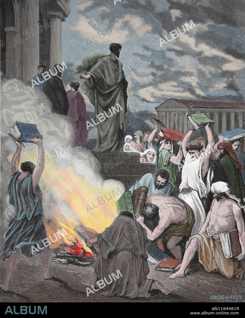 GUSTAVE DORÉ. Saint Paul and the burning of pagans books at Ephesus. Acts 19:19. Engraving. Bible Illustration by Gustave Dore. 19th century.