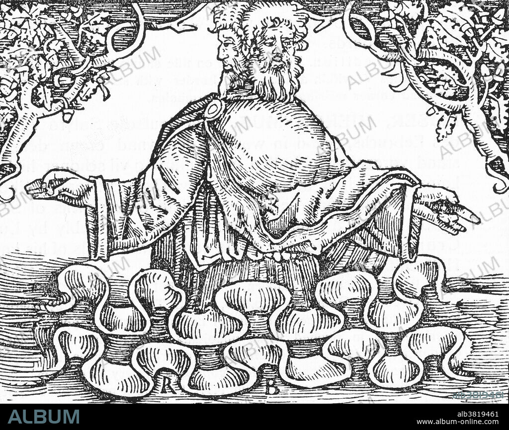 Janus, the ancient Roman god of beginnings and transitions (gates, doors, doorways, endings and time). He is usually shown as having two heads facing in opposite directions.