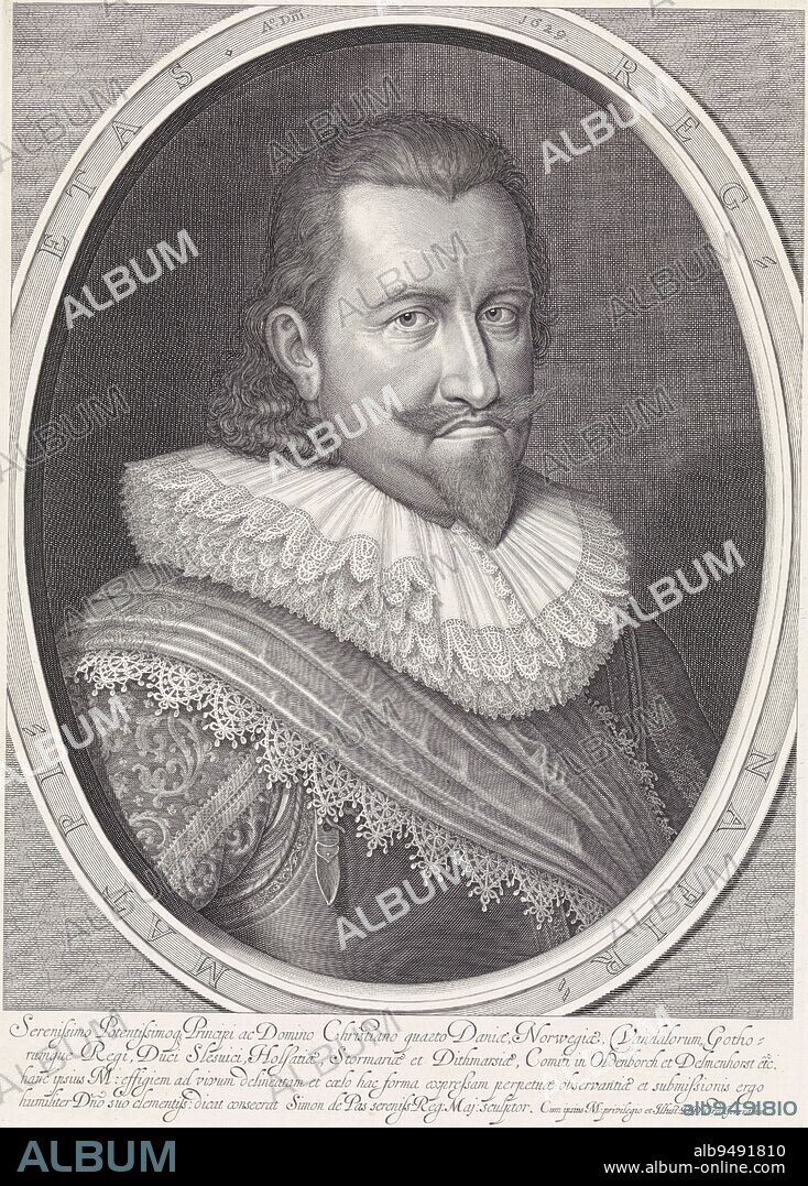 Portrait of Christian IV, King of Denmark and Norway, Simon van de Passe, 1629, Portrait of Christian IV, King of Denmark and Norway. In the border inscription of the frame his motto in Latin. In the margin a four-line caption with the name and function of the person portrayed in Latin., print maker: Simon van de Passe, (mentioned on object), Simon van de Passe, (mentioned on object), unknown, (mentioned on object), Copenhagen (city), 1629, paper, engraving, h 411 mm × w 292 mm.