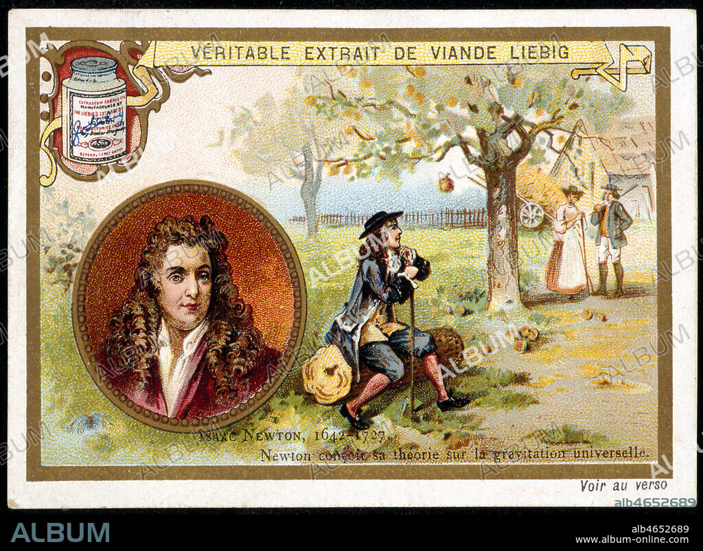 'NEWTON (1642-1727) concoie sa theorie sur la gravitation universelle'. Chromo publicitaire Liebig edite a la fin du 19e s. Credit : Collection KHARBINE-TAPABOR.