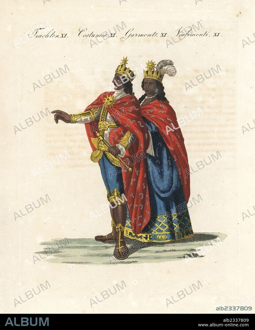Peruvian Incas, 18th century allegorical representation of Inca king and queen in modern western clothes with gold crown with sun emblem, embroidered cloak, gold axe and sandals with lion. Taken from Richard Phillips' "Present State of Peru." Handcoloured copperplate engraving from Bertuch's "Bilderbuch fur Kinder" (Picture Book for Children), Weimar, 1807. Friedrich Johann Bertuch (1747-1822) was a German publisher and man of arts most famous for his 12-volume encyclopedia for children illustrated with 1,200 engraved plates on natural history, science, costume, mythology, etc., published from 1790-1830.