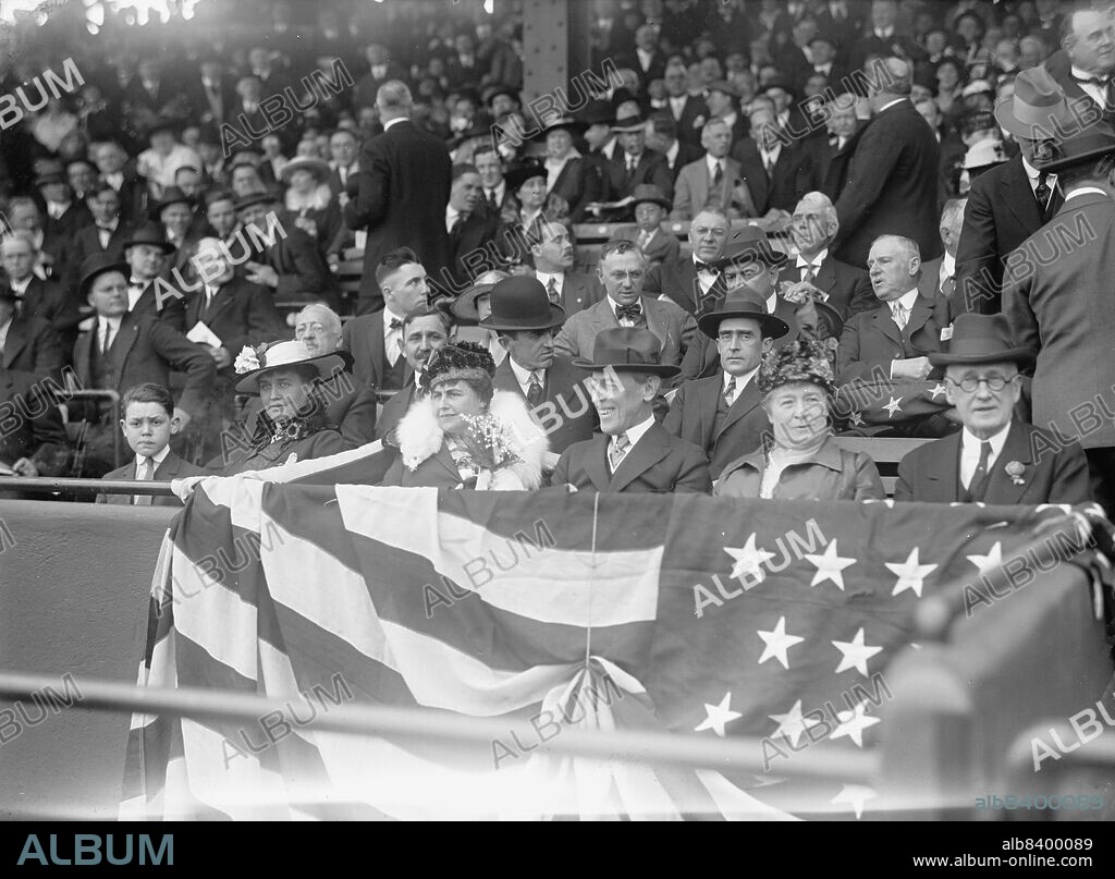 HARRIS & EWING. Baseball - Wilson At Ball Game; Cary T Grayson, Dr, U.S.Navy, Mrs. Willoughby S Chesley, 1917. US President Woodrow Wilson and wife Ellen Axson Wilson, with Cary Travers Grayson, Chairman of the Red Cross, in row behind.