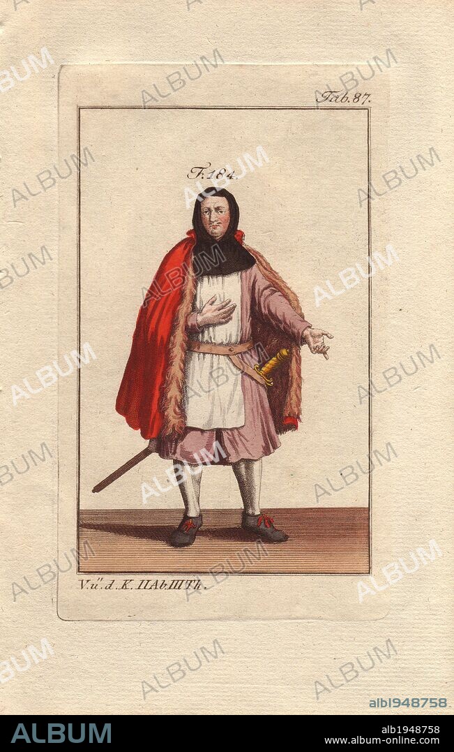 The Order of Calatrava was founded in Castile in the 12th century as a military branch of the Cistercian family. It was named for the Arabic name of a castle retaken from the Moslems in 1147.. . In the Cistercian Order, then only recently formed (1098), there had been a large number of knights or sons of knights. In Calatrava, on the contrary, those who had been monks became knights.. . Handcolored copperplate engraving of a knight from a religious military order from Robert von Spalart's "Historical Picture of the Costumes of the Principal People of Antiquity and of the Middle Ages" (1796).