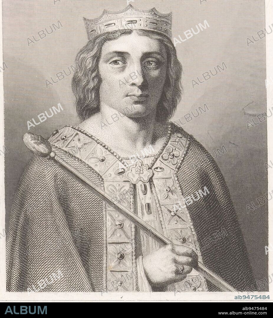 Portrait of Childeric II, Auguste Thomas Marie Blanchard, after Emile Signol, 1829 - 1898, print maker: Auguste Thomas Marie Blanchard, (mentioned on object), after: Emile Signol, (mentioned on object), France, 1829 - 1898, paper, etching, steel engraving, h 243 mm - w 147 mm.