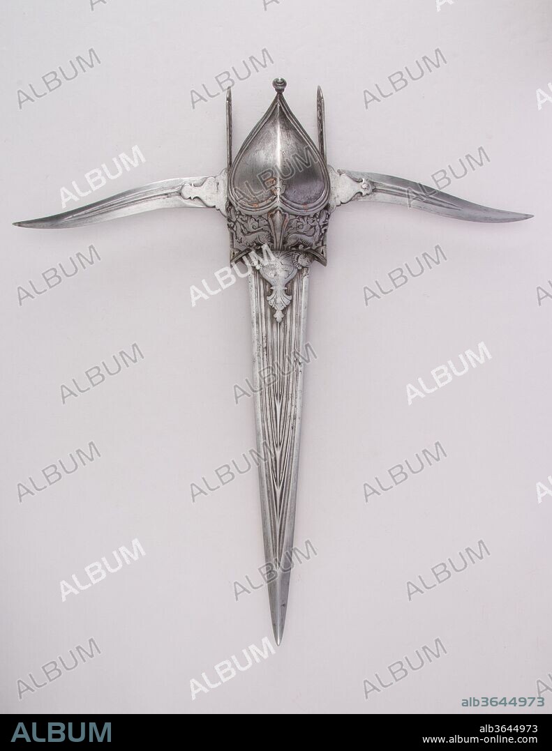 Dagger (Katar) with Two Side Blades (Bichuwa). Culture: Indian. Dimensions: L. 19 3/4 in (50.2 cm); W. 18 5/16 in. (46.5 cm); Wt. 1 lb. 12.3 oz. (802.3 g). Date: 16th-17th century.