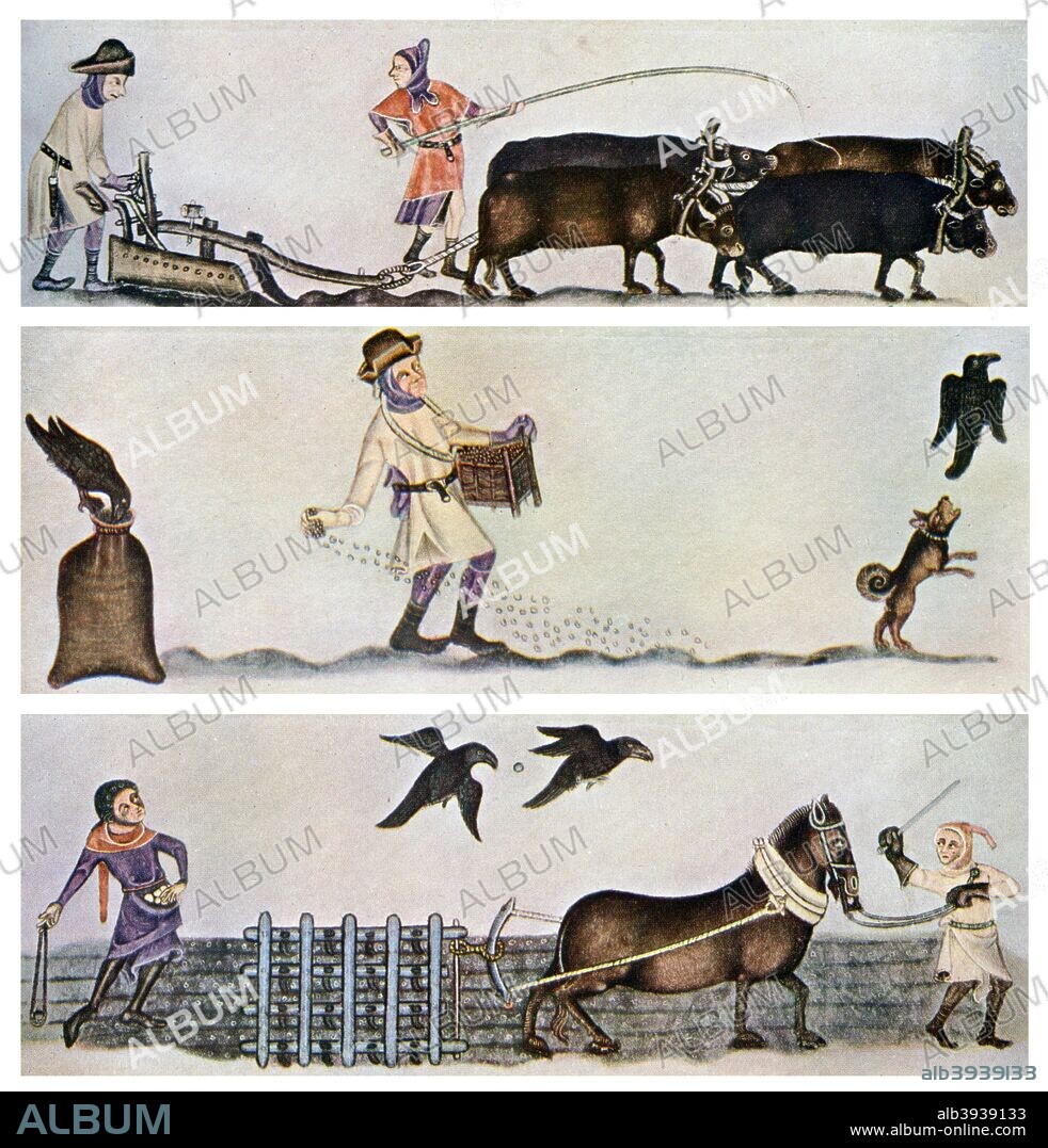 Ploughing, sowing, and harrowing, c1300-1340, (c1900-1920). Scenes from the Luttrell Psalter. A print from Art History and Literature Illustrations, by Jessie Noakes, Virtue and Co, (London, c1900-1920).