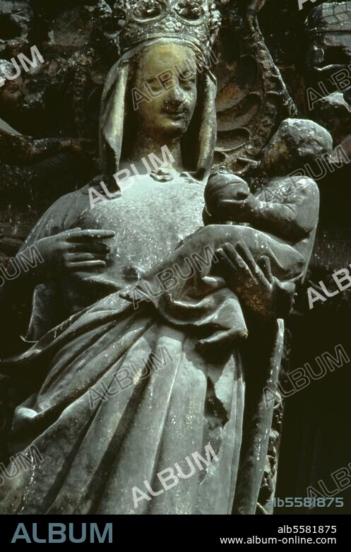Amiens (Dép. Somme, Frankreich), Kathedrale - Cathédrale Notre-Dame, Südquerhaus, Portal. Maria mit Kind, sogen. "Vierge Dorée". Teilansicht. Skulptur, französisch, um 1220/30.