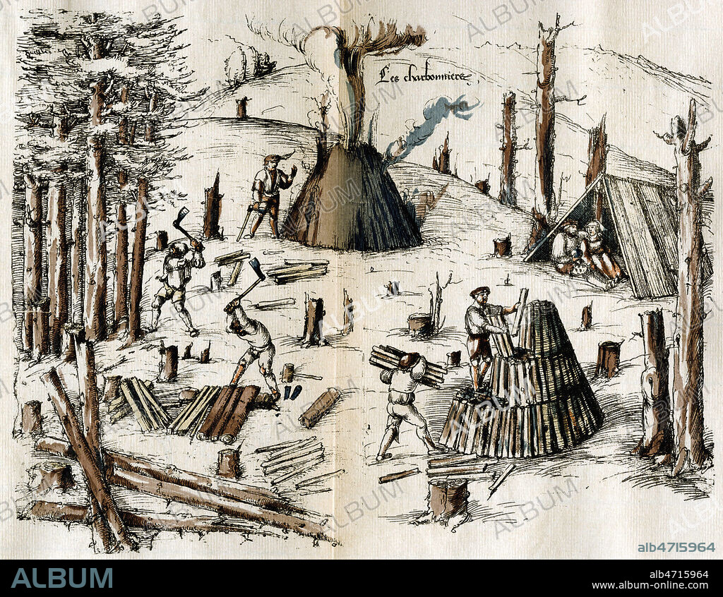 'Les charbonniers' : travail du bois, bucherons... Gravure tiree de l'ouvrage 'Les mines d'argent de la Croix-aux-Mines en Lorraine au XVIe siecle' publie en 1909, fac-simile de dessins originaux d'Heinrich GROSS. Credit : Collection Grob/KHARBINE-TAPABOR.