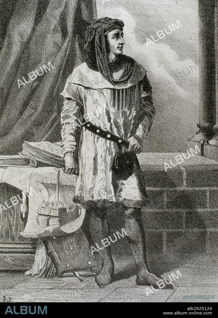 JAIME II "EL JUSTO" (Valencia, 1267-Barcelona, 1327). Rey de Sicilia (1285-1295), de Aragón y Valencia (1291-1327), de Mallorca (1291-1295) y de Cerdeña (1324-1327). Hijo de Pedro III el Grande y de Constanza de Sicilia. Sucedió a su hermano Alfonso III de Aragón. Grabado del siglo XIX.