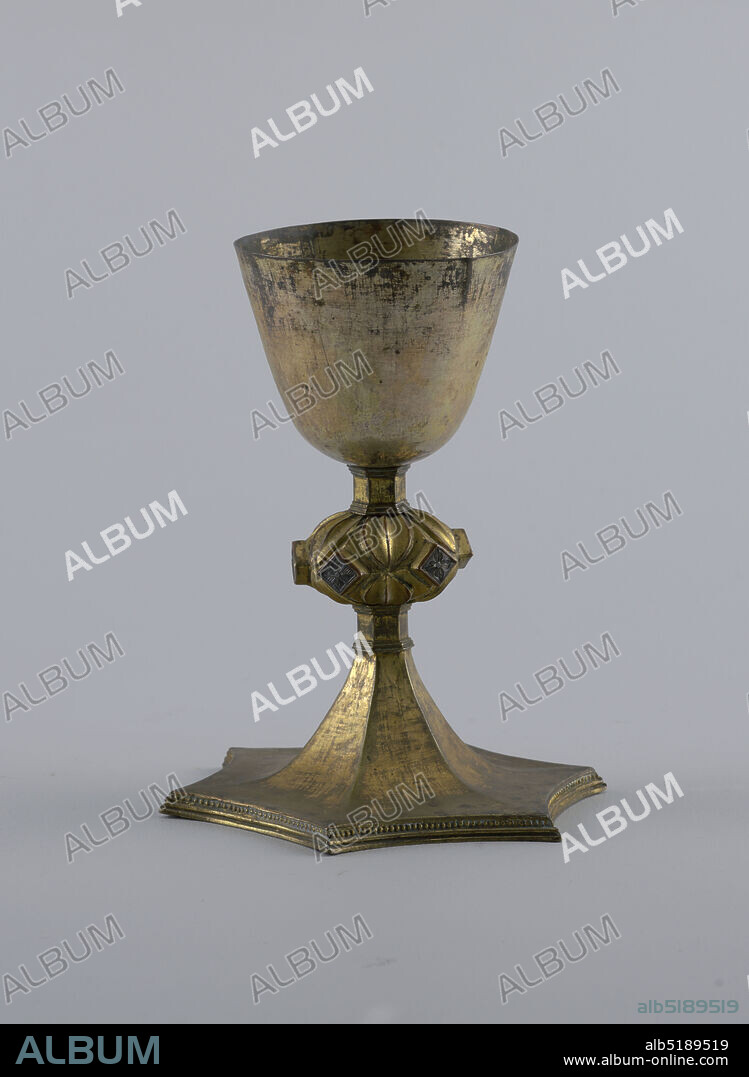 Chalice, Molded and gilt copper, engraved pewter, Cup rests on star-shaped foot. Stem composed of bulbous section with framed rhomboids, and bell-shaped cup with thin flaring sides., possibly France, late 15th16th century, metalwork, Decorative Arts, Chalice.