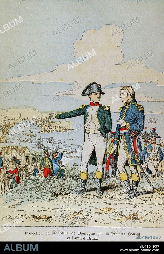 Período del Consulado Francés (1799-1804). El Primer Cónsul Napoleón Bonaparte (1769-1821), nombrado en 1802, inspeccionando junto al Almirante Etienne Eustache Bruix (1759-1805) la flotilla de Boulogne. Contexto de las Guerras Revolucionarias Francesas. Ilustración en color de la "Armeé Française, Nos Soldats" (Ejército Francés, Nuestros Soldados). Autor, Eugene Hennebert (1826-1896). París, h. 1890. Ilustración firmada por Hussenot y Pallandre. Biblioteca Histórico Militar de Barcelona, Cataluña, España.