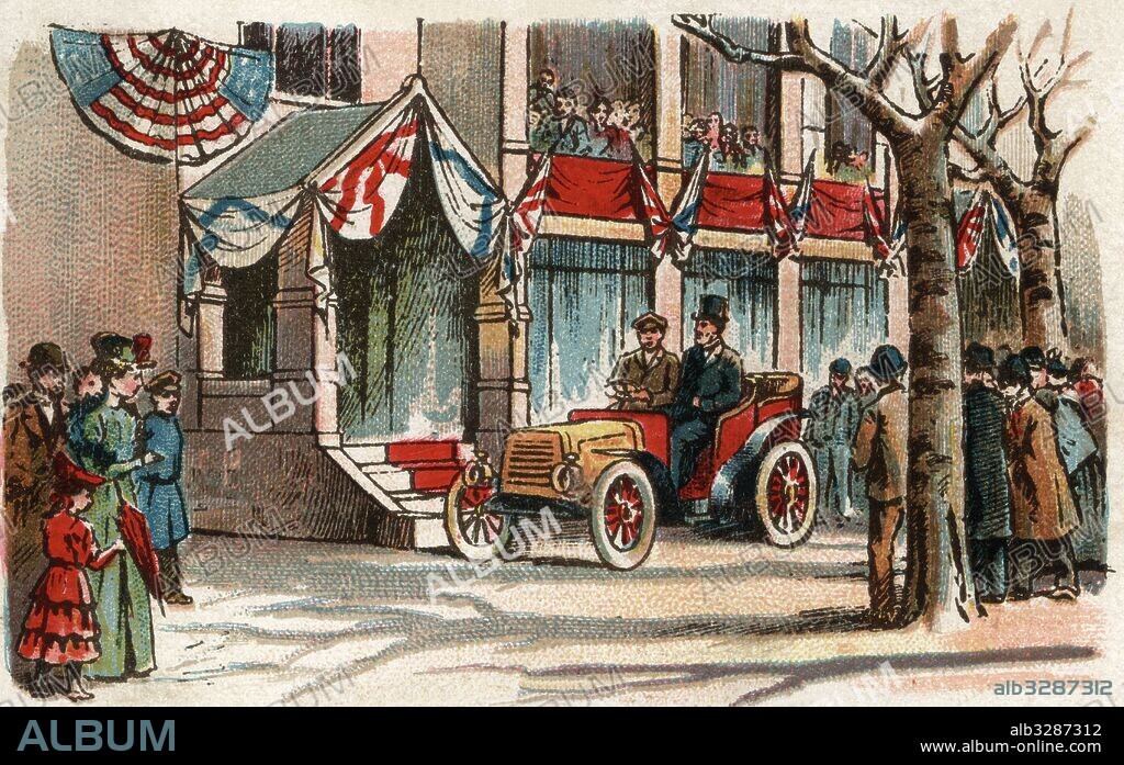 Guerra Ruso-Japonesa (1904-1905). Tratado de Portsmouth (Rhode Island). Llegada de Serguéi Yúlievich Witte (1849-1915), primer ministro de Rusia, al Palacio de conferencias de la ciudad estadounidense para tratar la paz con el Japón. Cromo de Chocolates Amatller. Año 1905.