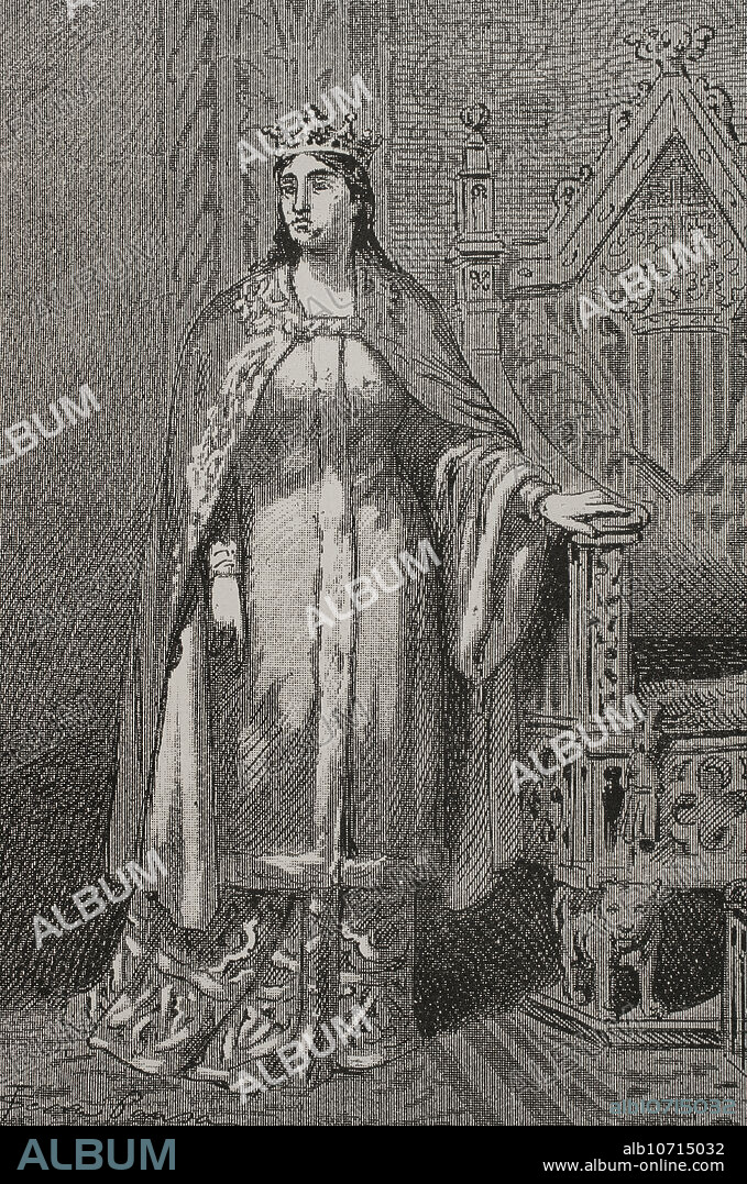 JOAN SERRA PAUSAS (ACTIVE 1861-1902). Sibila de Fortiá (1350-1406). Reina consorte de la Corona de Aragón (1377-1387) por su matrimonio con Pedro IV de Aragón (1319-1387). Retrato. Grabado por Serra Pausas. "Glorias Españolas". Tomo II. Publicada en Barcelona, 1890.