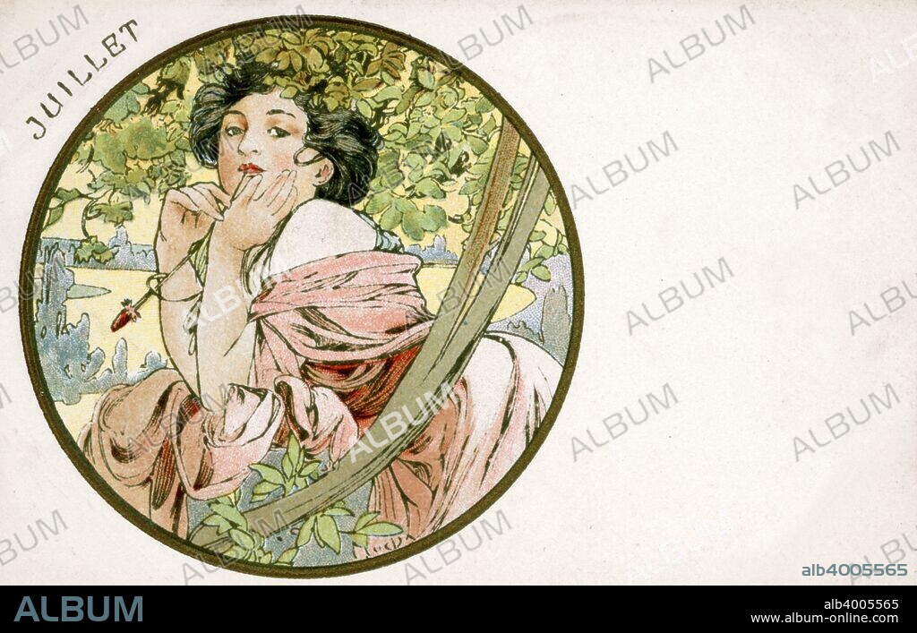 ALPHONSE MUCHA. 'July', 1900. A woman in a pink dress, with her hand on her chin and the stem of a flower in her mouth.