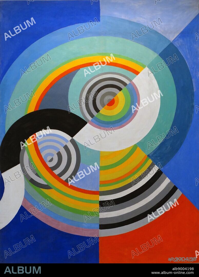 Painting titled 'Rhythm No.3 decoration for the Salon des Tuileries' by Robert Delaunay (1885-1941) French artist who co-founded the Orphism art movement. Dated 1938.