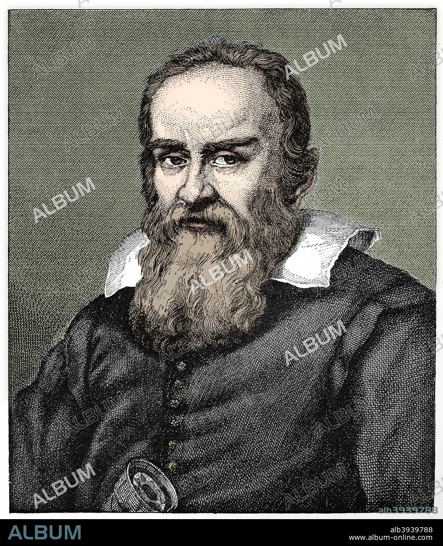 Galileo Galilei (1564-1642), 1882. Galileo was a Tuscan (Italian) physicist, mathematician, astronomer, and philosopher who played a major role in the scientific revolution. His achievements include improvements to the telescope and consequent astronomical observations, and support for Copernicanism. Galileo has been called the father of modern observational astronomy, the father of modern physics, the father of science and the father of modern science. From Florence, by Charles Yriarte, translated by CB Pitman and published by Sampson Low (London, 1882). (Colorised black and white print).