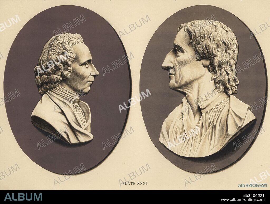 Portrait medallions of Joseph Priestley (L) and Robert William Boyle (R). Chromolithograph by W. Griggs from Frederick Rathbone's Old Wedgwood, the Decorative or Artistic Ceramic Work Produced by Josiah Wedgwood, Quaritch, London, 1898.
