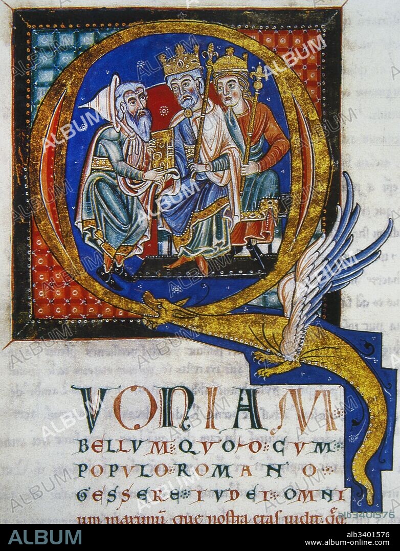 Prólogo sobre el capítulo de" La guerra de los Judíos". Historia Judia. Obra escritas en griego, siglo I d. C. por el historiador judío Flavio Josefo. Miniatura del siglo XII. Museo Condé. Castillo de Chantilly. Francia.