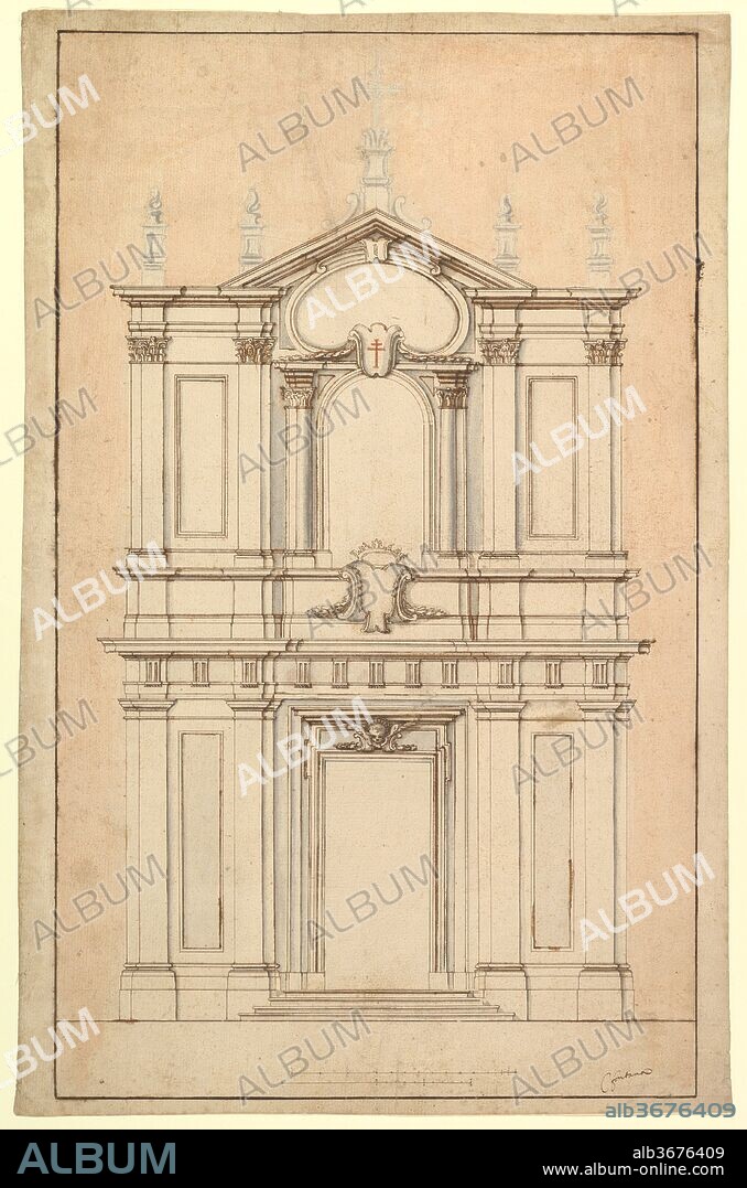 Design for the Façade of Santi Faustino e Giovita, Rome. Artist: Carlo Fontana (Italian, Bruciate near Como 1638-1714 Rome). Dimensions: 22-5/8 x 14-5/8 in.  (57.4 x 37.2 cm). Date: 1652-1725.