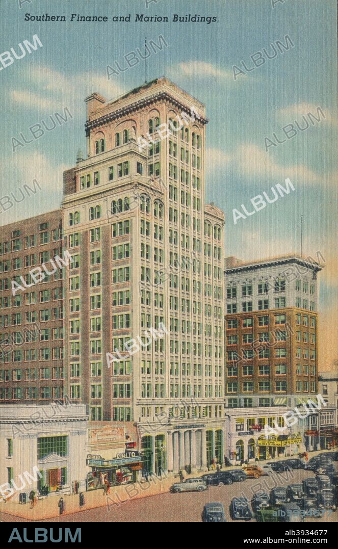 Southern Finance and Marion Buildings, Augusta, Georgia, 1943. The Southern Finance Building was originaly called The Lamar Building but change name with a change of ownership in 1925. When The Marion Building was completed in 1914 it was considered Augusta's first skyscraper. From a postcard produced by Curt Teich & Co., 1943.