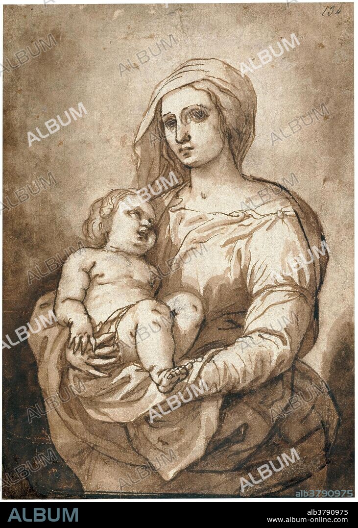 Alonso Cano / 'La Virgen con el Niño'. Siglo XVII. Aguada parda, Pluma, Preparado a lápiz sobre papel verjurado, amarillento, 164 x 117 mm.