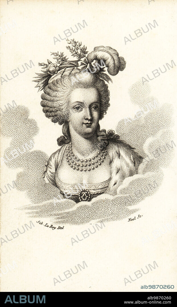 Bust portrait of Marie Antoinette with pearl necklace, ermine cape, high pouf hairstyle with ribbons, plumes and flowers in her hair. Stipple copperplate engraving by Noel after a portrait by Sebastien Leroy from Marie Antoinette, Archiduchesse d'Autriche, Reine de France, chez le Fuel, Paris, 1815.