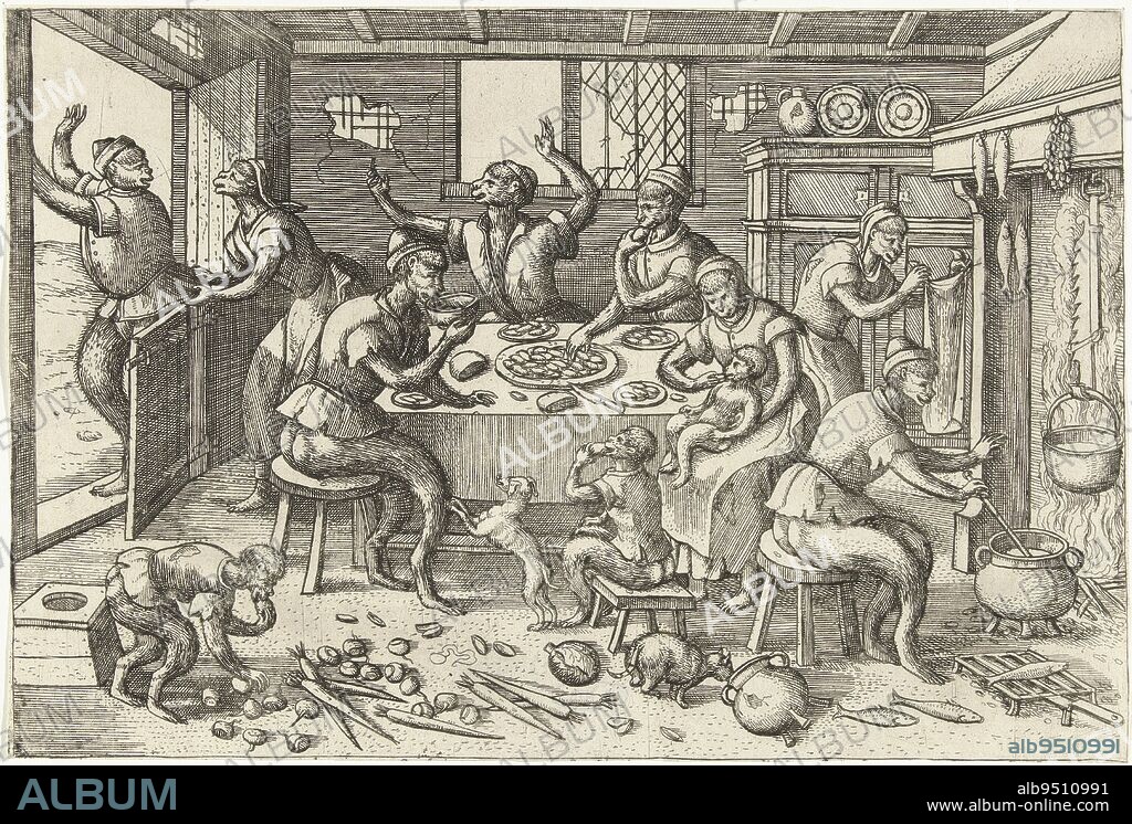 A 16th century kitchen scene. In a dilapidated house, several skinny monkeys sit around a table. They are grabbing from a bowl of mussels. One is drinking a bowl of soup. Scattered on the floor are carrots, turnips and cabbage, vegetables for the poor. Over the fireplace, fish are being smoked, also poor people's food. A fat monkey has visited, but is now trying to get away again. The poor monkeys want to stop him, Skinny kitchen Monkey game (series title), print maker: Pieter van der Borcht (I), Pieter Bruegel (I), Pieter van der Heyden, Antwerp, (possibly), 1563 - 1608, paper, etching, w 276 mm × h 186 mm.