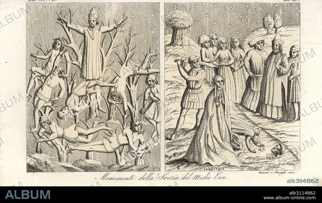 Medieval Swedish monuments. Christian bishop and others killed with arrows and thrown in a pagan grove, and the martyrdom of two Christians in Sweden. From a painting in the church of Old Uppsala. Handcoloured copperplate engraving by Giarre and Stanghi from Giulio Ferrario's Costumes Ancient and Modern of the Peoples of the World, Florence, 1847.