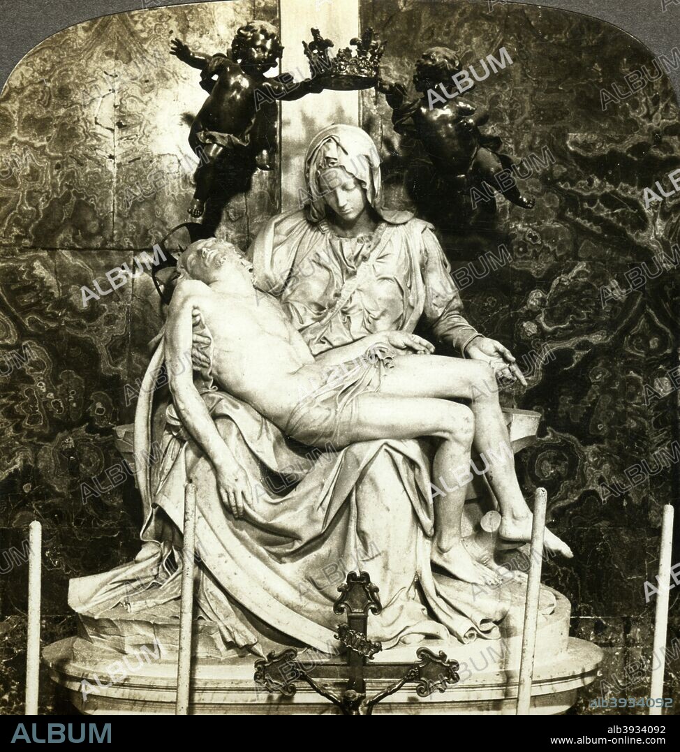 Pieta by Michelangelo, St Peter's Basilica, Rome, Italy. The pieta is a portrayal of the Virgin Mary cradling the body of Christ. Michelangelo's version in St Peter's, produced in 1499, is the most famous example. Stereoscopic card detail.