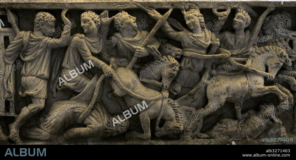 Detalle de un relieve de un sarcófago romano, con la represetación mitológica de Pélope y Enómao en la carrera de caballos. Siglo IV d. C. Museo Arqueológico Nacional. Nápoles. Italia.