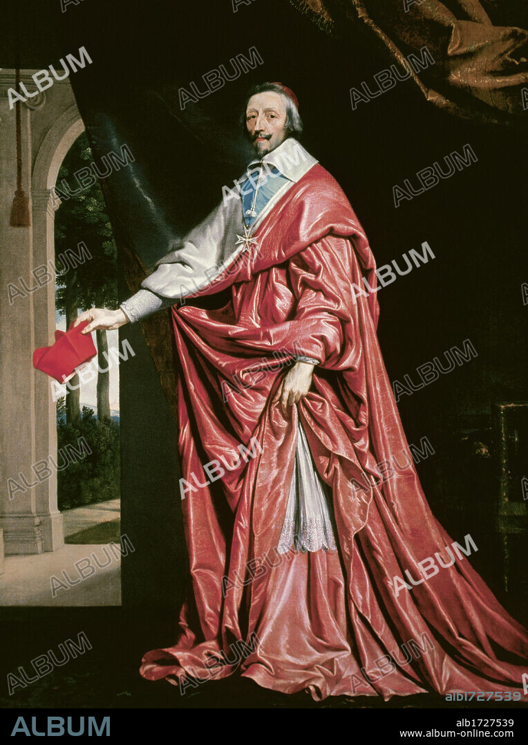 Cardinal Armand Jean du Plessis (1585-1642) known as Cardinal de  Richelieu. French clergyman and statesman. He was chief minister of King Louis XIII. Portrait of Cadinal de Richelieu by Philippe de Champaigne (1602-1674), the leader French portrait painter of the reign of Louis XIII. Oil on canvas painted between 1633 and 1640 (259,5 x 178,5 cm). National Gallery. London, England, United Kingdom.