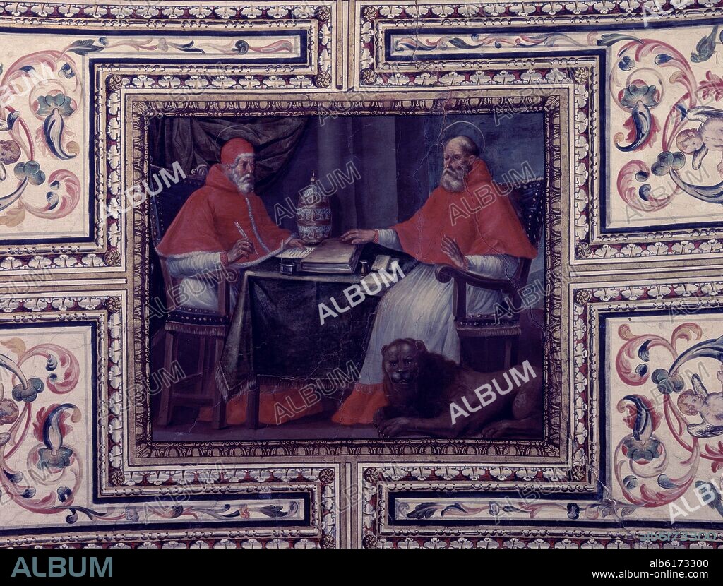 SACRISTIA-BOVEDA DE CAÑON-S XVII-DET S JERONIMO CON EL PAPA DAMASO I- PINTURA BARROCA.