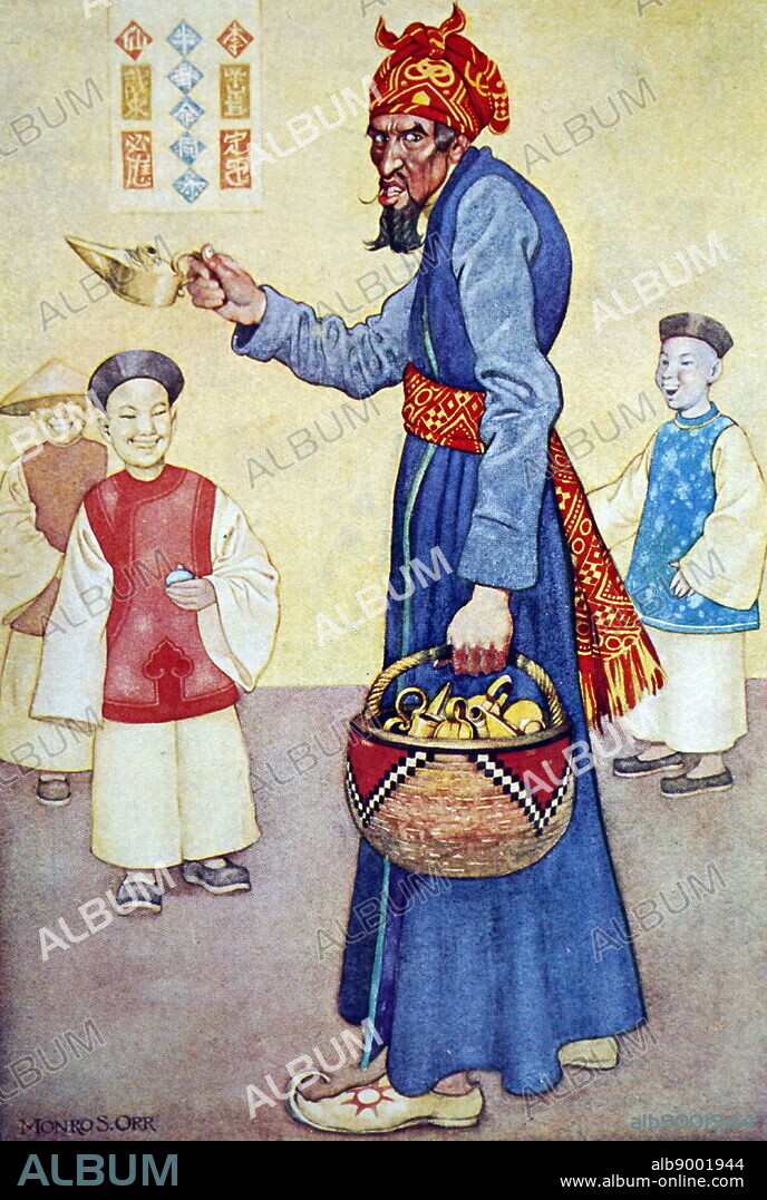 Illustration showing the ARABIAN NIGHTS, . Aladdin and the Wonderful Lamp. The magician going through the streets calling New lamps for old.