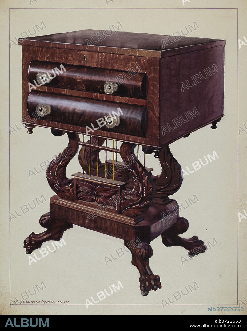 J. HOWARD IAMS. Table - Double Lyre Base. Dated: 1937. Dimensions: overall: 35.5 x 27.8 cm (14 x 10 15/16 in.)  Original IAD Object: 32"high; 21 1/2"x16"=top. Bottom 14 1/2x11 1/2 inches. Medium: watercolor, colored pencil, gouache, and graphite on paperboard.