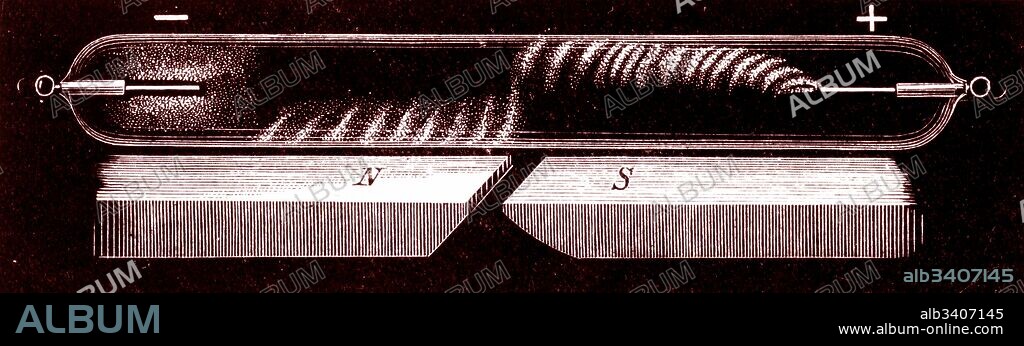 Engraving depicting a Geissler tube, an early gas discharge tube used to demonstrate the principles of electrical glow discharge, similar to modern neon lighting. Invented by Heinrich Geissler (1814-1879) a German Glassblower, physicist and inventor. Dated 19th Century.