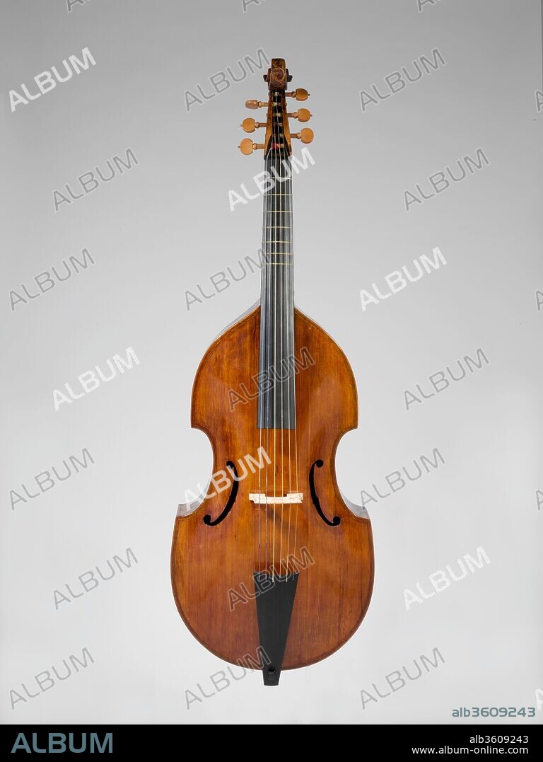 Bass Viola da Gamba. Culture: British. Dimensions: Total L.: 119.5 cm (47-1/16 in.); Body L.: 71.5 cm  (28-3/16 in.); Body W.: upper 32 cm (12-1/2 in.), middle 23.4 cm (9-3/16 in.), lower 39 cm (15-1/8 in.); Rib H.: upper  9 cm (3-5/8 in.), middle 23.4 cm (9-3/16 in.), middle 12.6 cm  (4-15/16 in.); Belly W.: at the neck 5.2 cm (2.05 in.)
			lower  39 cm (15.35 in.)	lower:  12.7 cm  (5.0 in.)
 Belly W. at the neck  5.2 cm (2.05 in.). Former Attribution: John Rose (English, active 1552-61). Date: ca. 1600.
Most surviving viols signed by or attributed to John Rose were likely made by the younger of a father and son pair of luthiers who went by the same name, and who worked in Bridewell, London, in the sixteenth century. While John Rose senior was among the earliest known of English viol makers, his son was among the most celebrated, and regarded as "the finest of all viol makers" in Thomas Mace's Musick's Monument of 1676. This instrument, dated ca. 1600, is attributed to the younger John Rose.