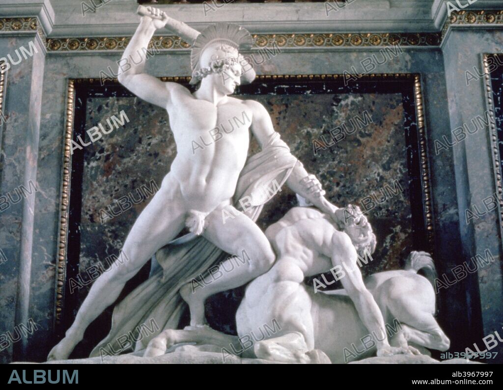 'Theseus and the Centaur', 1804-1819. Theseus raises his club to strike down on the centaur. From the collection of the Kunsthistorisches Museum, Vienna, Austria.