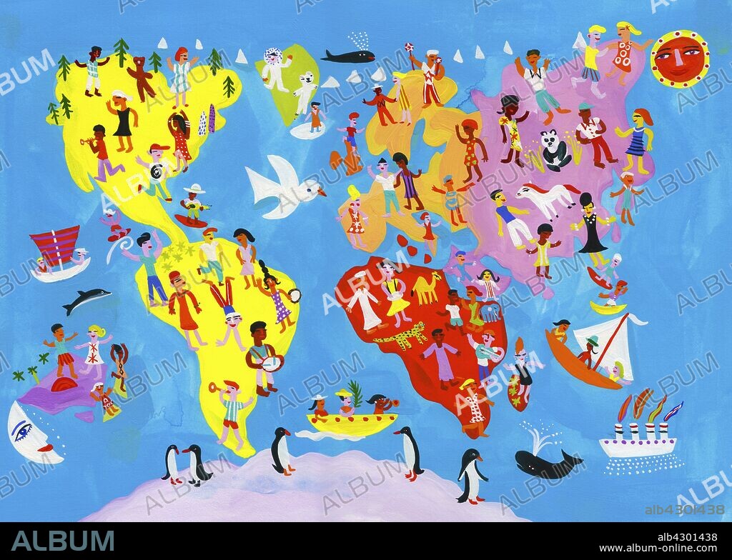 Illustrated world map of people enjoying having fun.