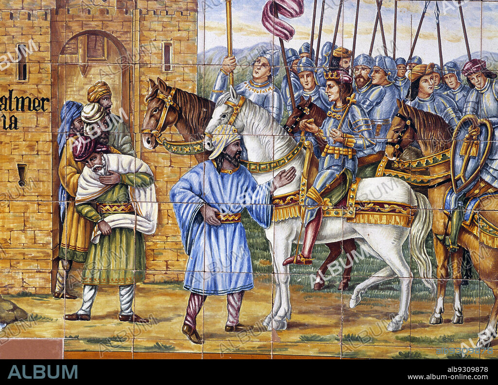 REYES CATOLICOS. ISABEL I DE CASTILLA (1451-1504)Y FERNANDO I DE ARAGON(1452-1516). REYES DE ESPAÑA. "TOMA DE ALMERIA POR LOS RR.CC." (DETALLE) 1489. AZULEJOS PLAZA DE ESPAÑA DE SEVILLA. RECONQUISTA.