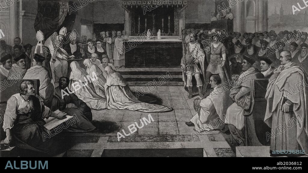 Historia de los concilios ecuménicos de Roma. Primer concilio de Lyon en 1245 bajo el pontificado de Inocencio III; el rey Luis IX de Francia es nombrado jefe de la expedición para la liberación de Jerusalén. Editado en París, grabado de 1869.