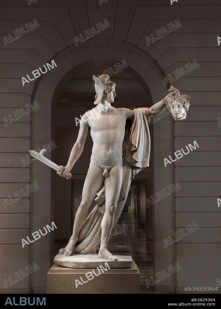 Perseus with the Head of Medusa. Artist: Antonio Canova (Italian, Possagno 1757-1822 Venice). Culture: Italian, Rome. Dimensions: Overall (confirmed): H. 95 1/2 x W. 75 1/2 x D. 40 1/2 in. (242.6 x 191.8 x 102.9 cm). Patron: Commissioned by Count Jan and Countess Valeria Tarnowski (Dzików, Poland). Date: 1804-6.
This Perseus, purchased by Countess Valeria Tarnowska of Poland, is a replica of Canova's famed marble of Perseus in the Vatican, conceived about 1790 and first shown in 1801. Based freely on the Apollo Belvedere, which had been carried off to Paris under Napoleon, it was bought by Pope Pius VII and placed upon the pedestal where the Apollo had formerly stood. In the Museum's version, Canova has refined the ornamental details and aimed for a more lyrical effect than in the Vatican Perseus, a stylistic streamlining characteristic of his artistic process. Medusa's head is based on that of the antique Rondanini Medusa.