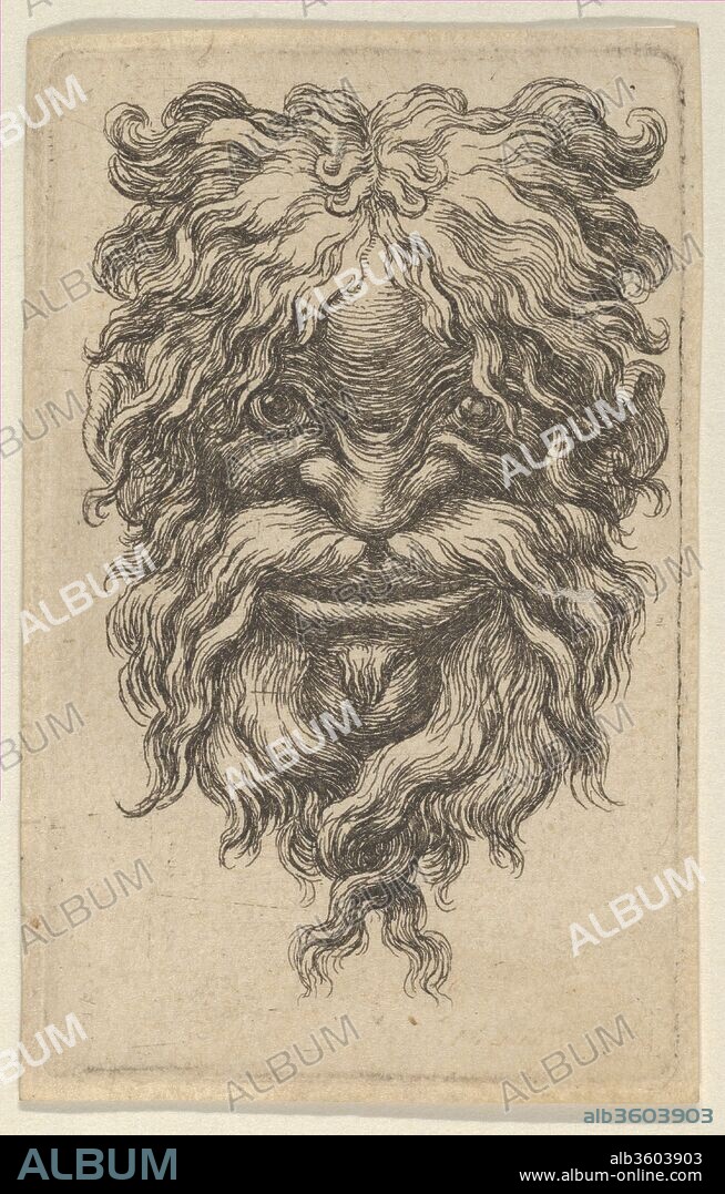 Mask with Curly Hair, a Long Mustache and a Loosely Twisted Beard, from Divers Masques. Artist: François Chauveau (French, Paris 1613-1676 Paris). Dimensions: Sheet: 2 1/2 × 1 5/8 in. (6.4 × 4.1 cm). Publisher: Published by Jacques Van Merlen (Flemish, Antwerp 1616-1682 Paris). Series/Portfolio: Divers Masques. Date: ca. 1635-45.
From a series of nineteen plates with grotesque masks dedicated to Jean de Leins, goldsmith to the Queen of England and published by Jacques van Merlen in Paris. The plates are not numbered and appear in various orders.