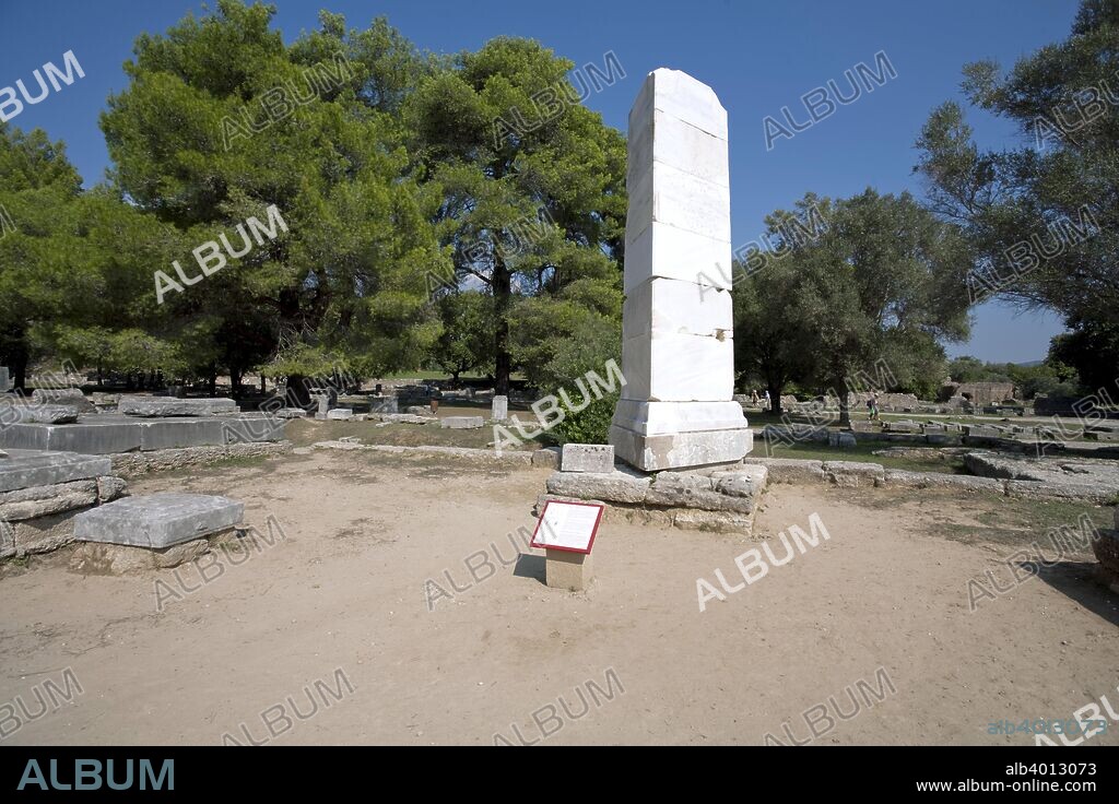 The base of the Nike of Paionios sculpture at Olympia, Greece. Olympia, a sanctuary of ancient Greece, is probably best known for having been the site of the Olympic Games in classical times.