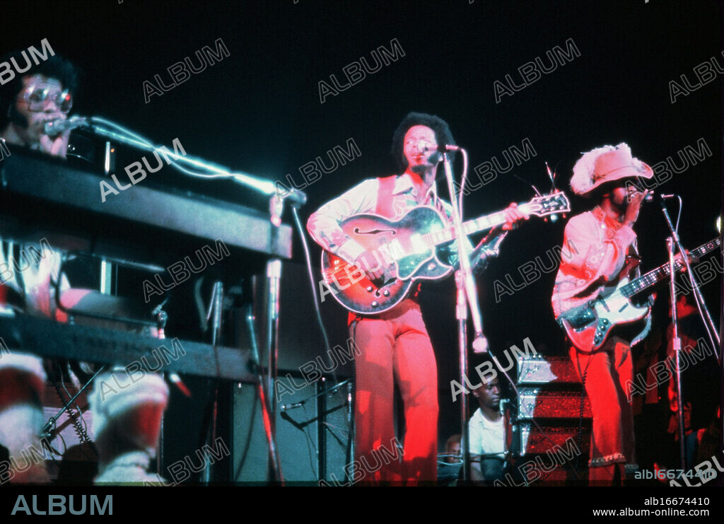 Bethel, NY; 1969. Sly and The Family Stone performs at Woodstock Festival, New York State.