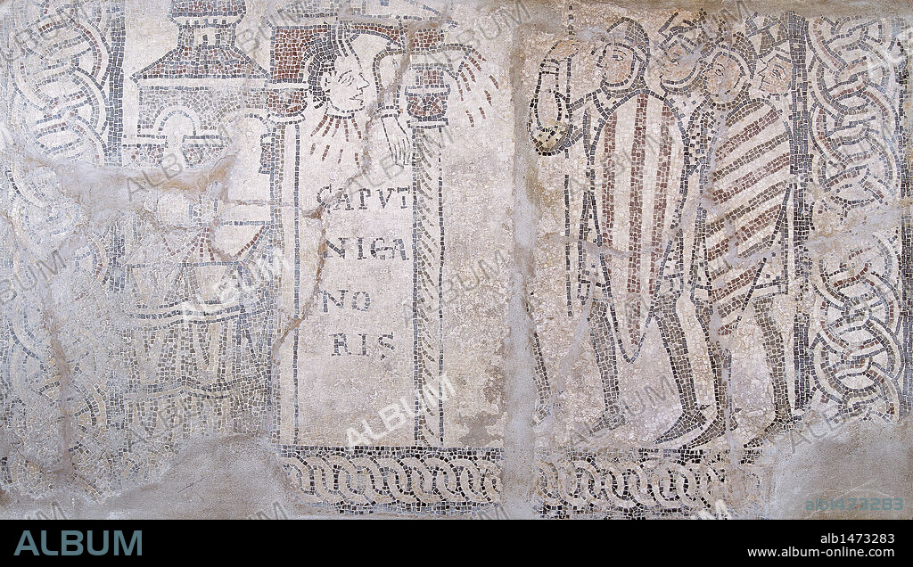 Mosaico con la representación de NICANOR muerto, con la cabeza y brazos cortados, tras ser derrotado por JUDAS MACABEO. Catedral de San Evasio. Casale Monferrato. Región del Piamonte. Italia.